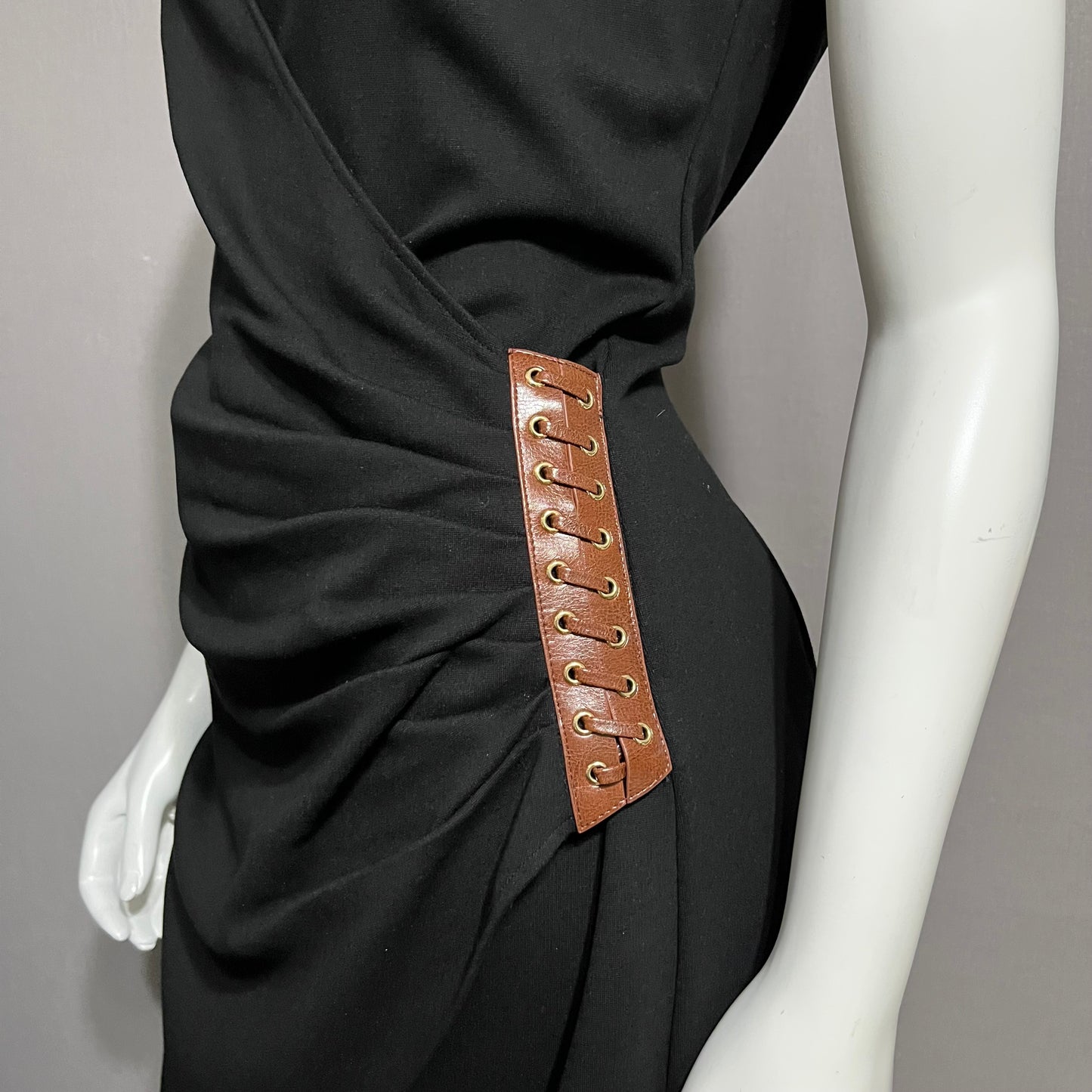 Cache Black Ponte Knit With Gathered Waist Brown Gold Accents Dress Sz-10