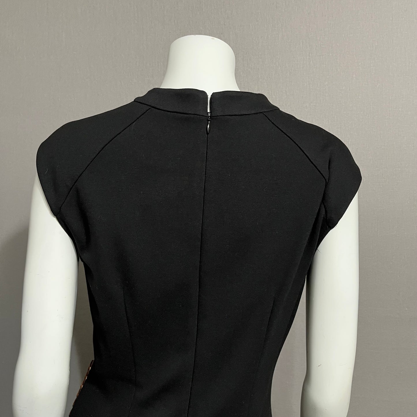 Cache Black Ponte Knit With Gathered Waist Brown Gold Accents Dress Sz-10