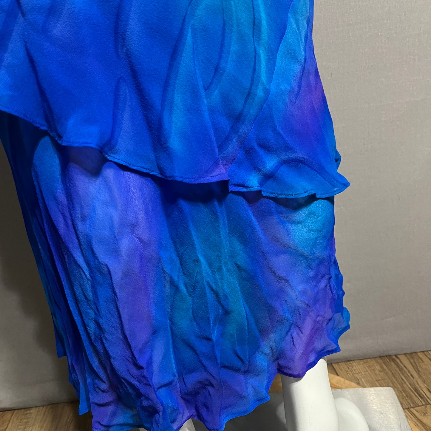 Vintage Simply Silk 100% Silk Blue | Purple Swirl Maxi Ruffle Hem Dress Sz-Small