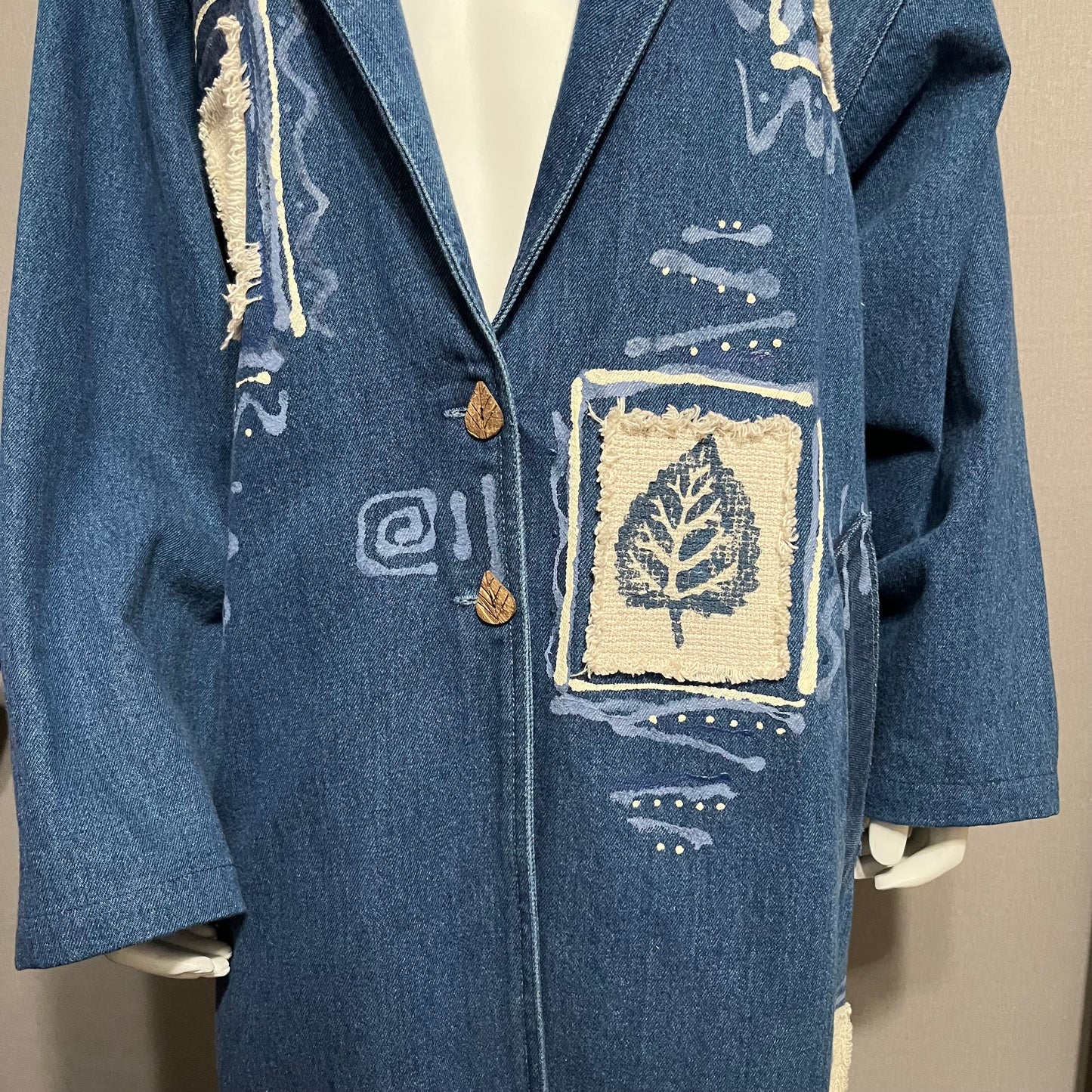 Vintage Denim Leaf Theme Duster Jacket Sz-2X