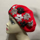 Red Wool Beret With Floral Ribbon Appliqué