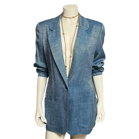 Lands End Blue Linen | Rayon One Button Blazer Sz-8 Tall