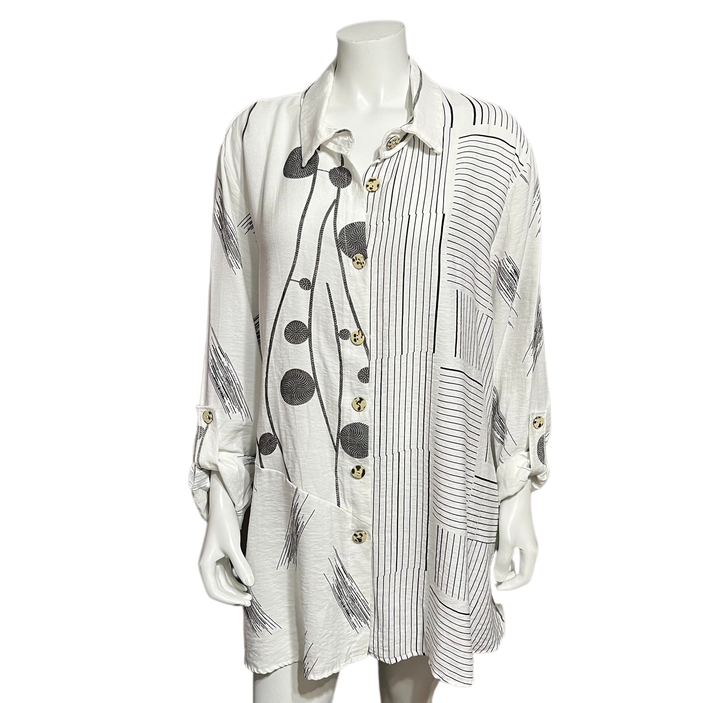 North Style White With Black Geometric Patterns Button Front Shirt Sz-1X