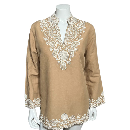 Soft Surroundings Brown With White Embroidered Linen Cotton Tunic Sz-Medium