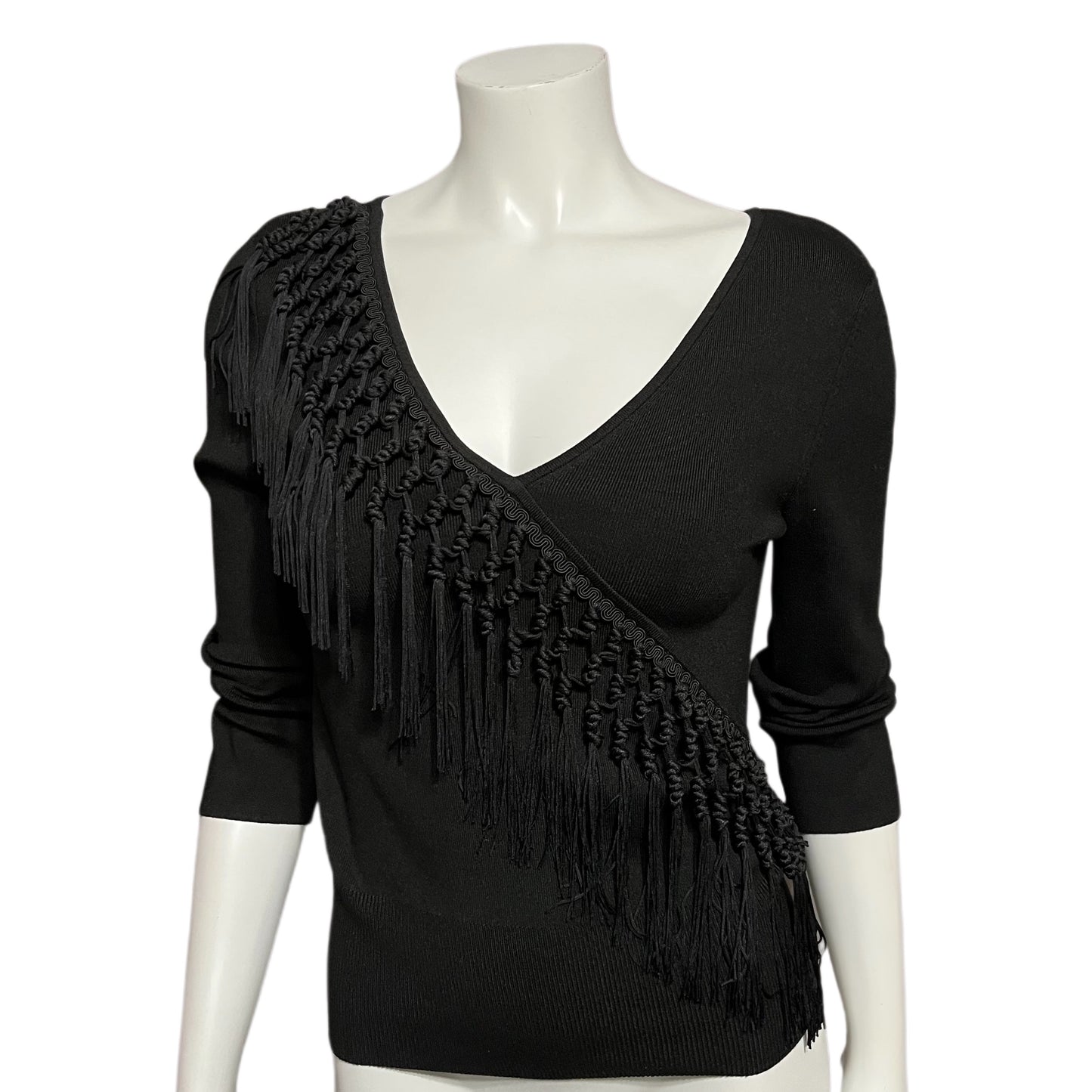 Cache Black Silk  Blend Artsy Fringe V-Neck Sweater Sz- Large