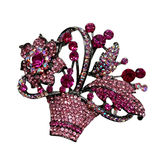 Pink Floral Basket Large Brooch