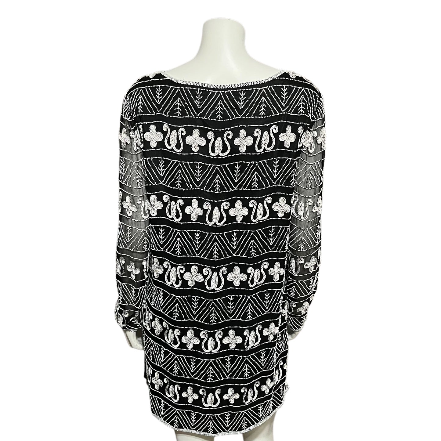 Papell Boutique 100% Silk Black With White Beaded Tunic Top Sz-Large