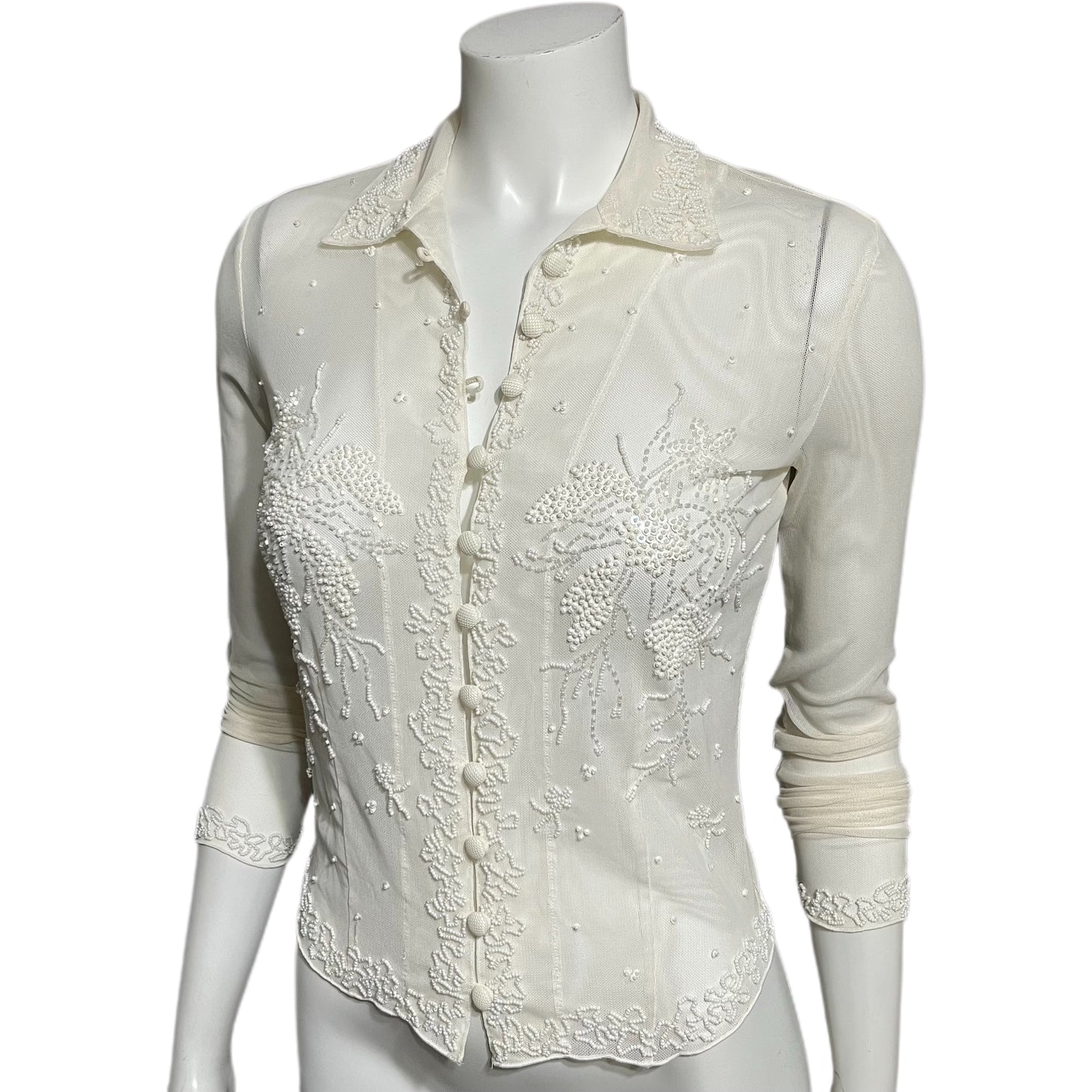 Cream Mesh Beaded Top Sz-Small