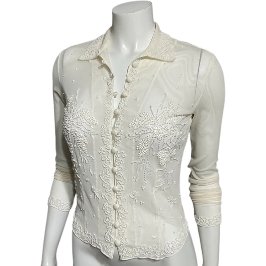 Cream Mesh Beaded Top Sz-Small