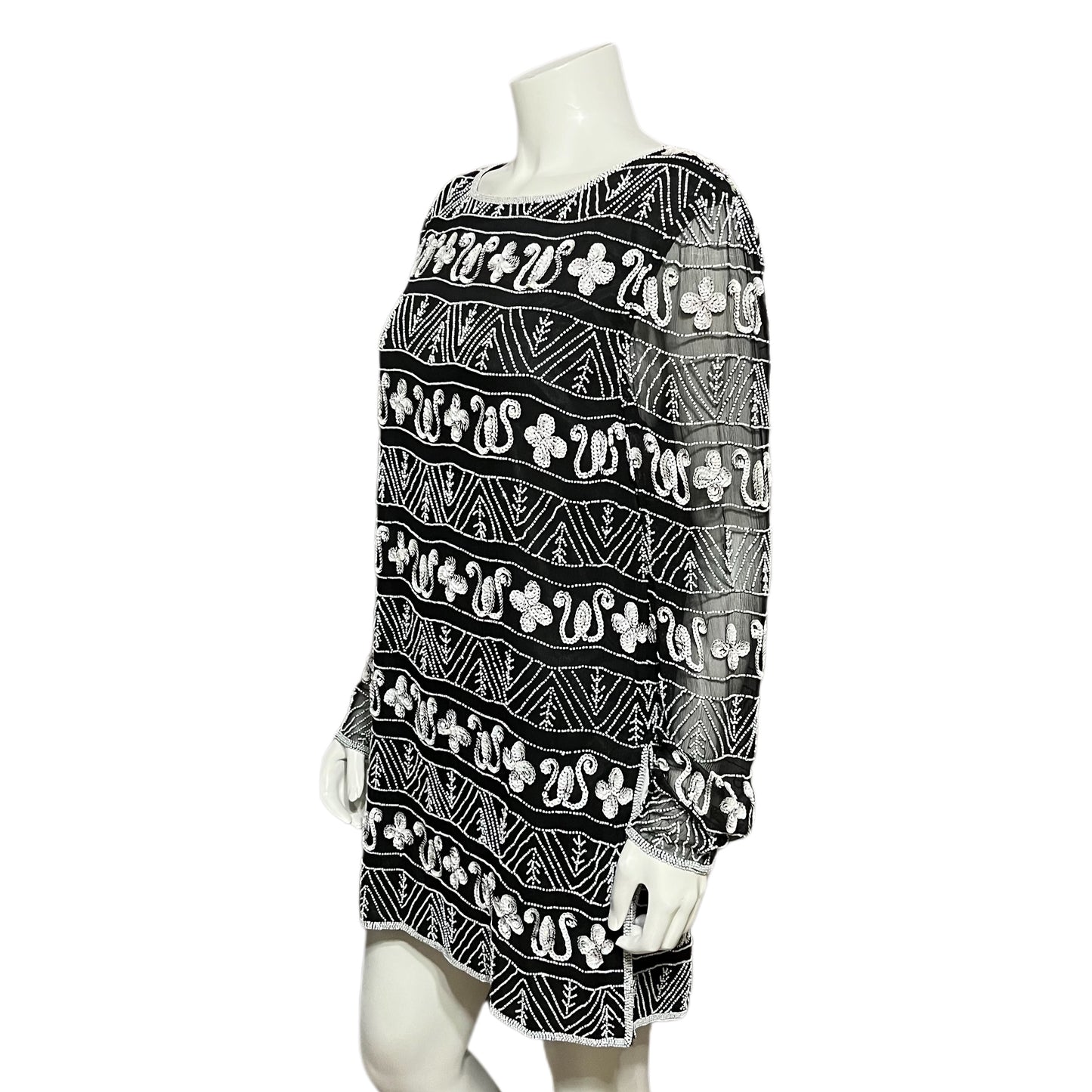 Papell Boutique 100% Silk Black With White Beaded Tunic Top Sz-Large