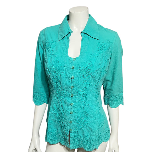 Gretty Ziegler Green Cotton Textured Short Sleeve Shirt Sz-Large