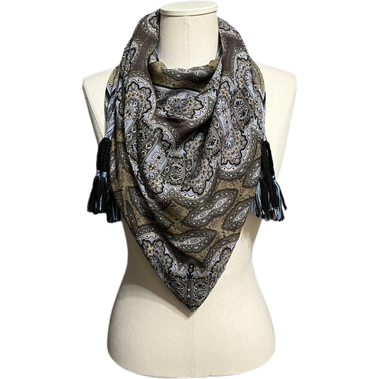 Johnny Was Blue Taupe Paisley Print Silk Large Tassels Scarf