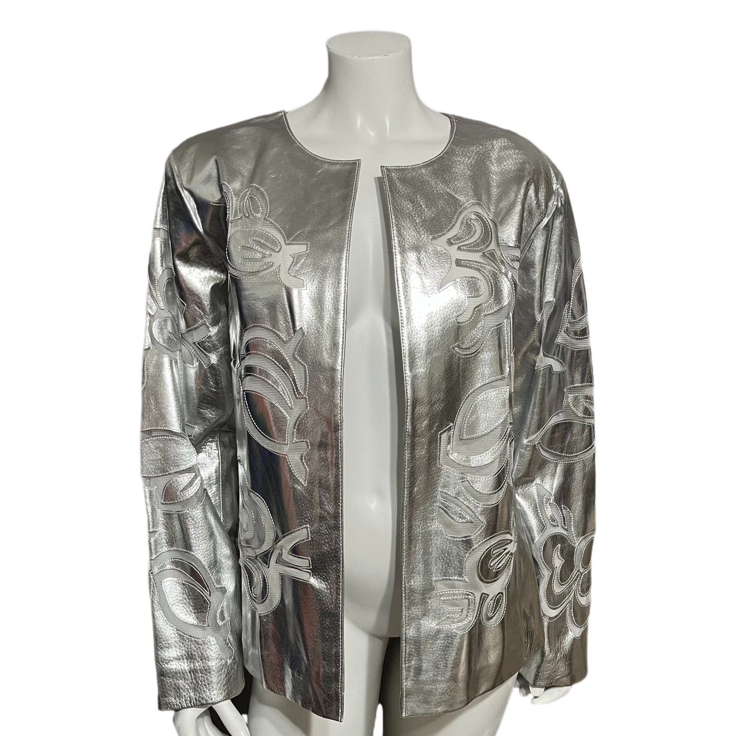 Chicos Metallic 100% Leather With Mesh Cutout Jacket Sz-XL