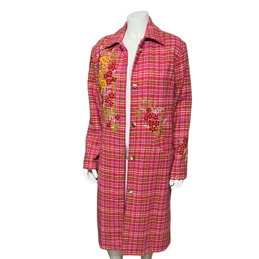 Anthropology Plenty Pink Plaid With Floral Appliqué Wool Blend Coat Sz-Medium