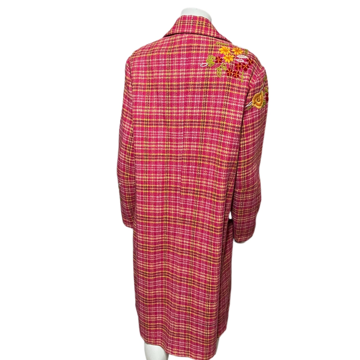 Anthropology Plenty Pink Plaid With Floral Appliqué Wool Blend Coat Sz-Medium