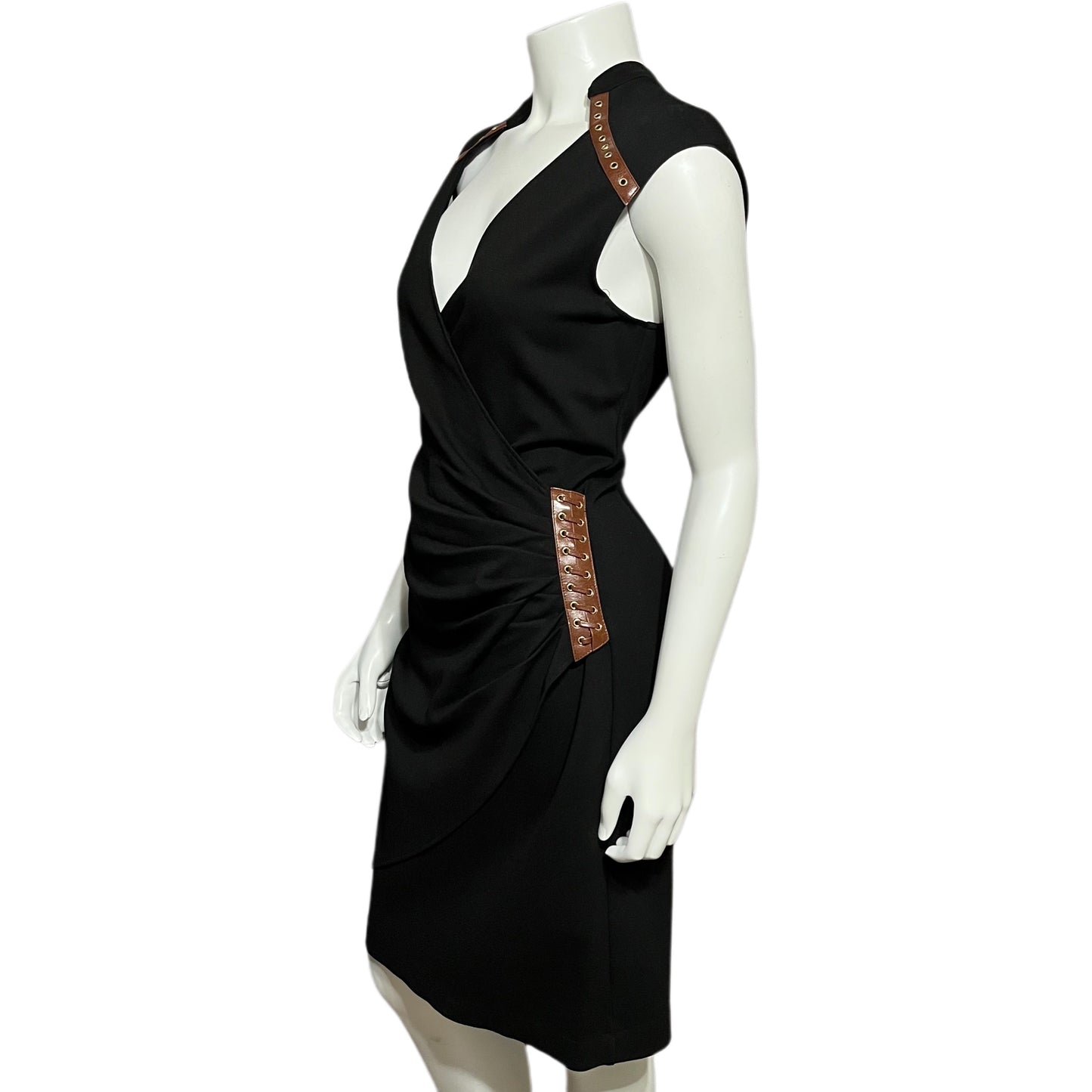 Cache Black Ponte Knit With Gathered Waist Brown Gold Accents Dress Sz-10
