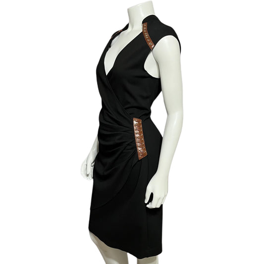 Cache Black Ponte Knit With Gathered Waist Brown Gold Accents Dress Sz-10