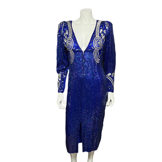 Vintage Pam Imports Royal Blue Silk Sequin Beaded Dress Sz-Small