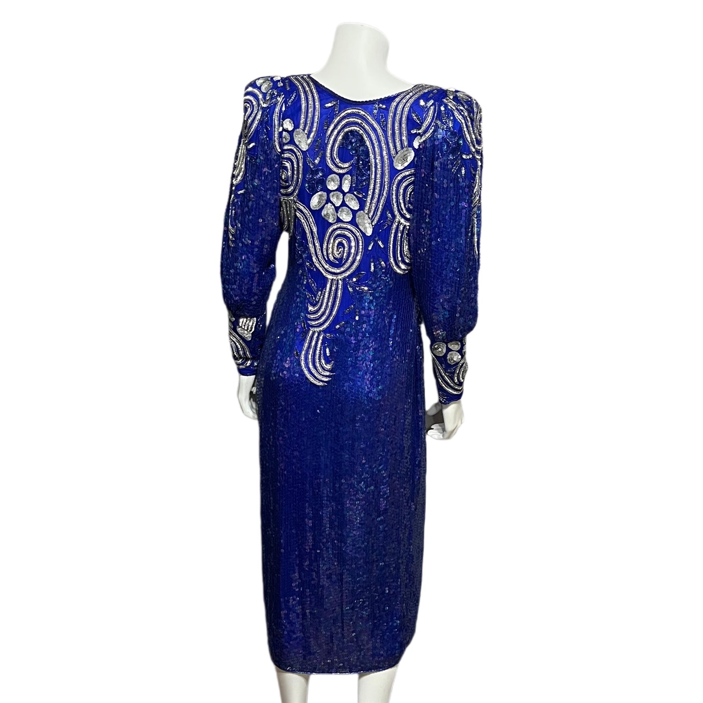 Vintage Pam Imports Royal Blue Silk Sequin Beaded Dress Sz-Small