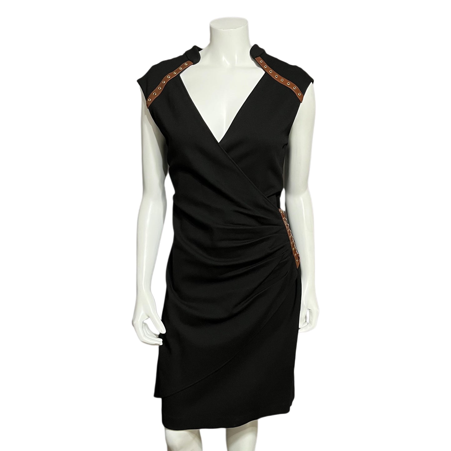 Cache Black Ponte Knit With Gathered Waist Brown Gold Accents Dress Sz-10