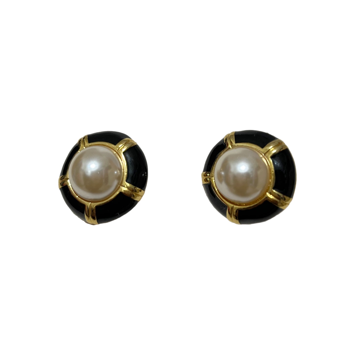 Black With Gold Large Centered Pearl Clip On Earrings