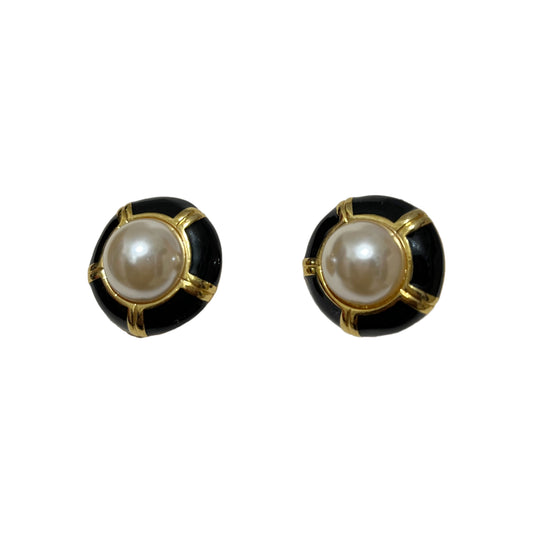 Black With Gold Large Centered Pearl Clip On Earrings