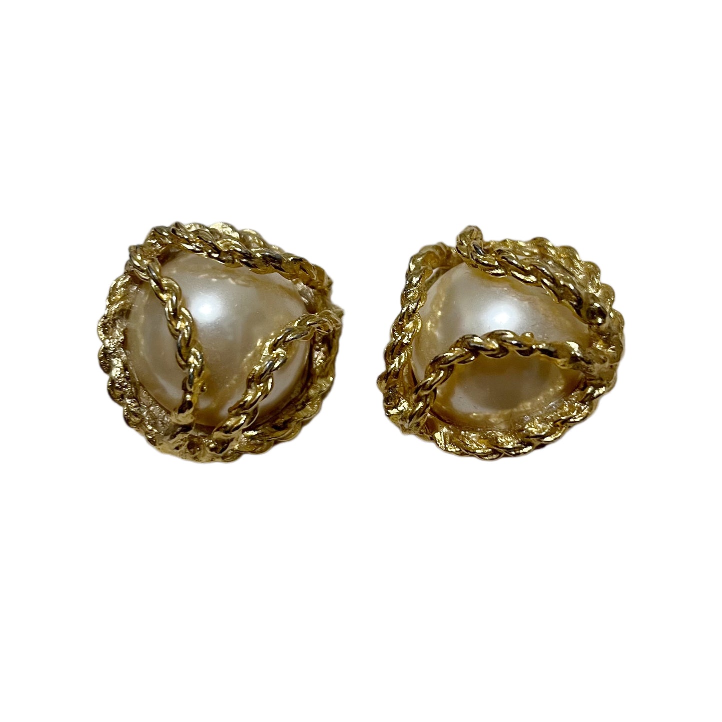 Gold Wrap Textured With Large Pearl Clip On Earrings