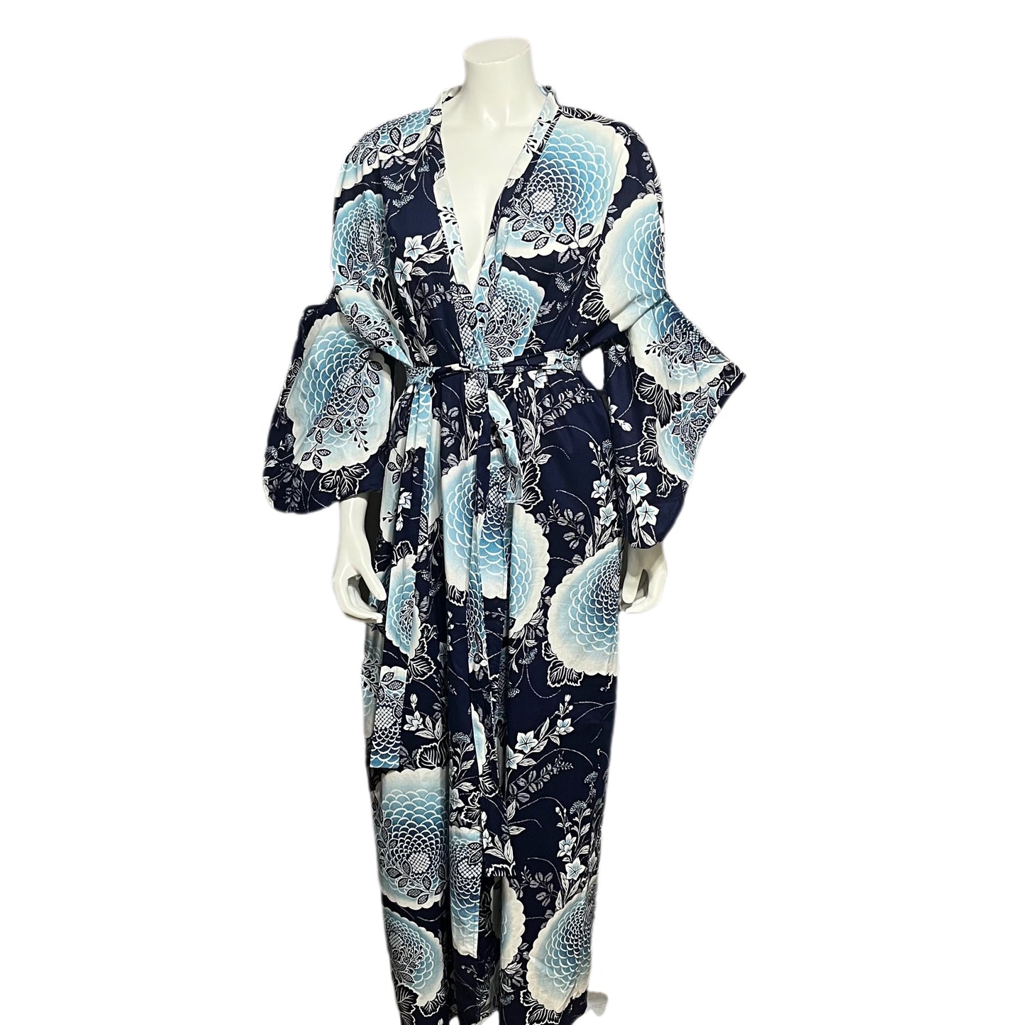 Blue White Large Floral Cotton Kimono Sz-XL