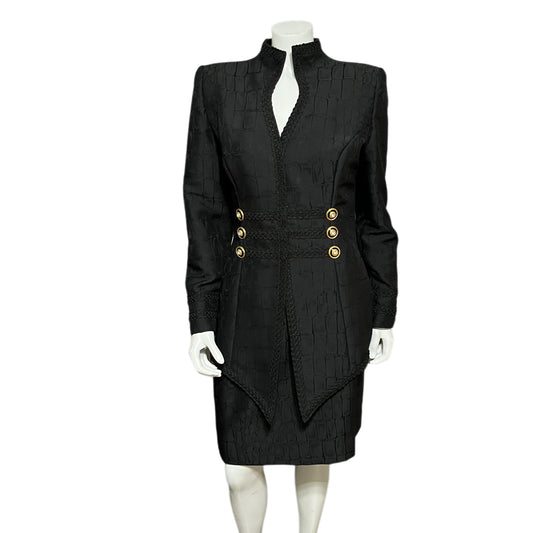 Patricia Rhodes Black Textured With Gold Buttons Skirt Suit Sz-12