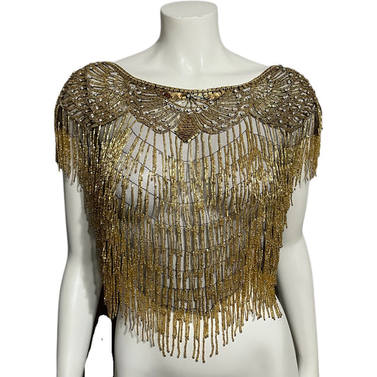 Vintage Overlay Gold Sequin Beaded Lightweight Cape Top One Size