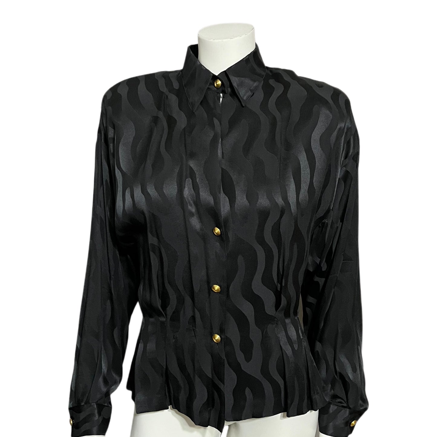 Josephine Chaus Black Swirl Print Silk Blouse Sz-10