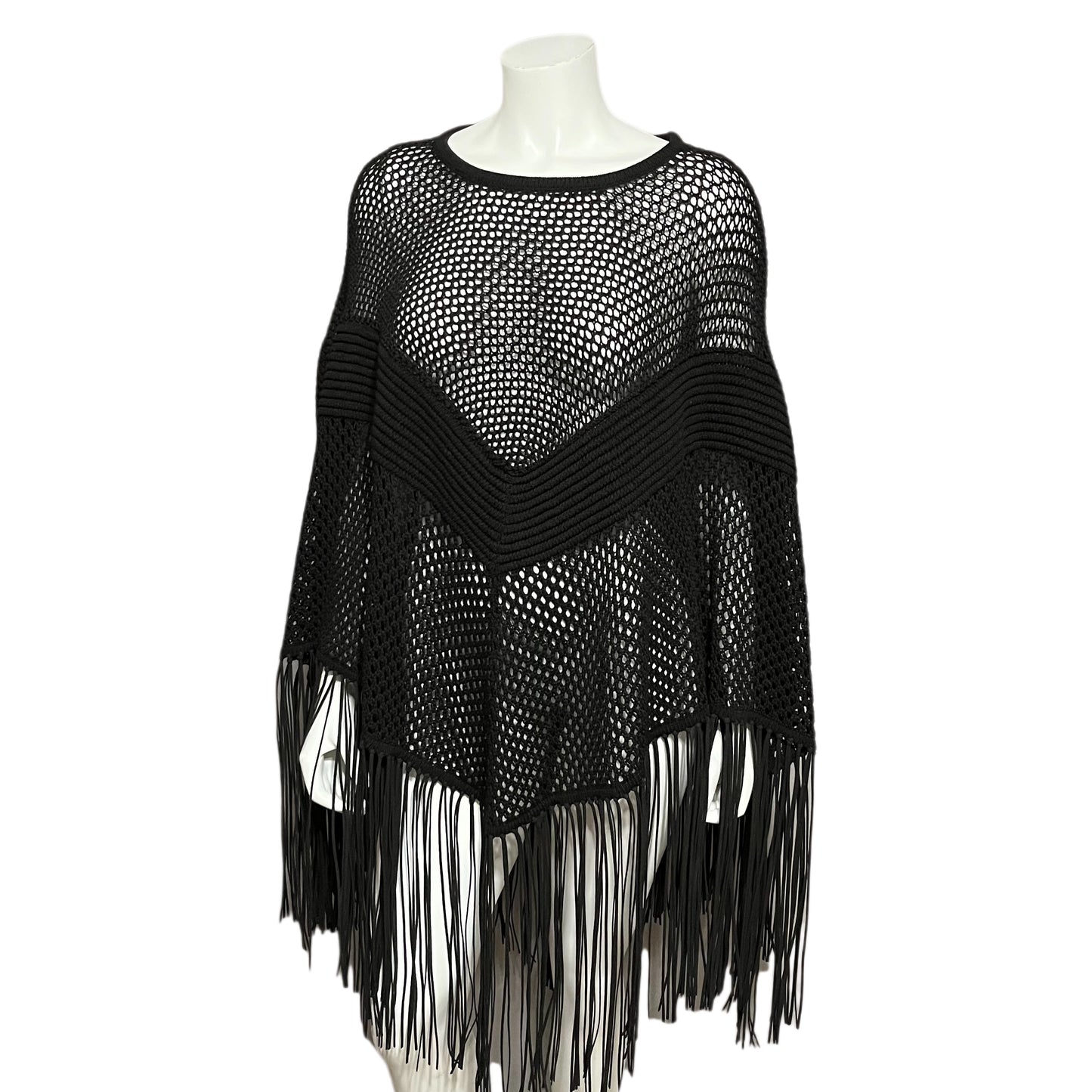 GI 5 Black Cotton Netted Poncho With Fringe Sz-Medium/Large