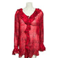 Chicos 100% Silk Red Ruffle Sheer Print Blouse Sz-3 XL