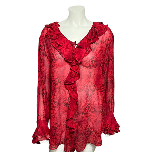 Chicos 100% Silk Red Ruffle Sheer Print Blouse Sz-3 XL