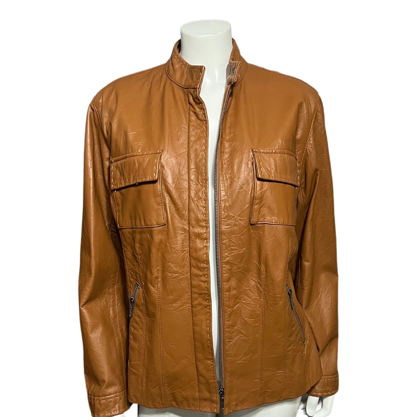 Chicos Camel 100% Leather Textured Jacket Sz-2 Large