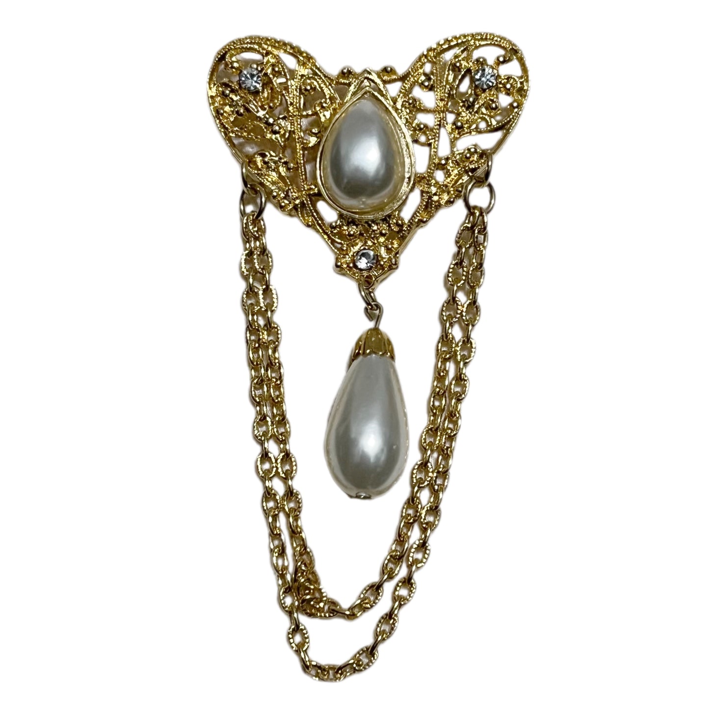 Gold Heart Pearl With Hang Chain Brooch