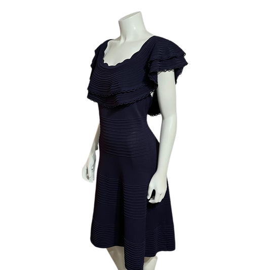 Eliza J Navy Scalloped Double Layer Neckline Knit Stretch Fit & Flare Dress Sz-16