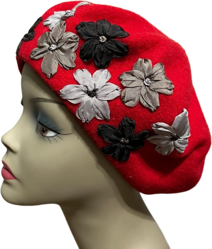 Red Wool Beret With Floral Ribbon Appliqué