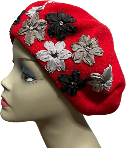 Red Wool Beret With Floral Ribbon Appliqué