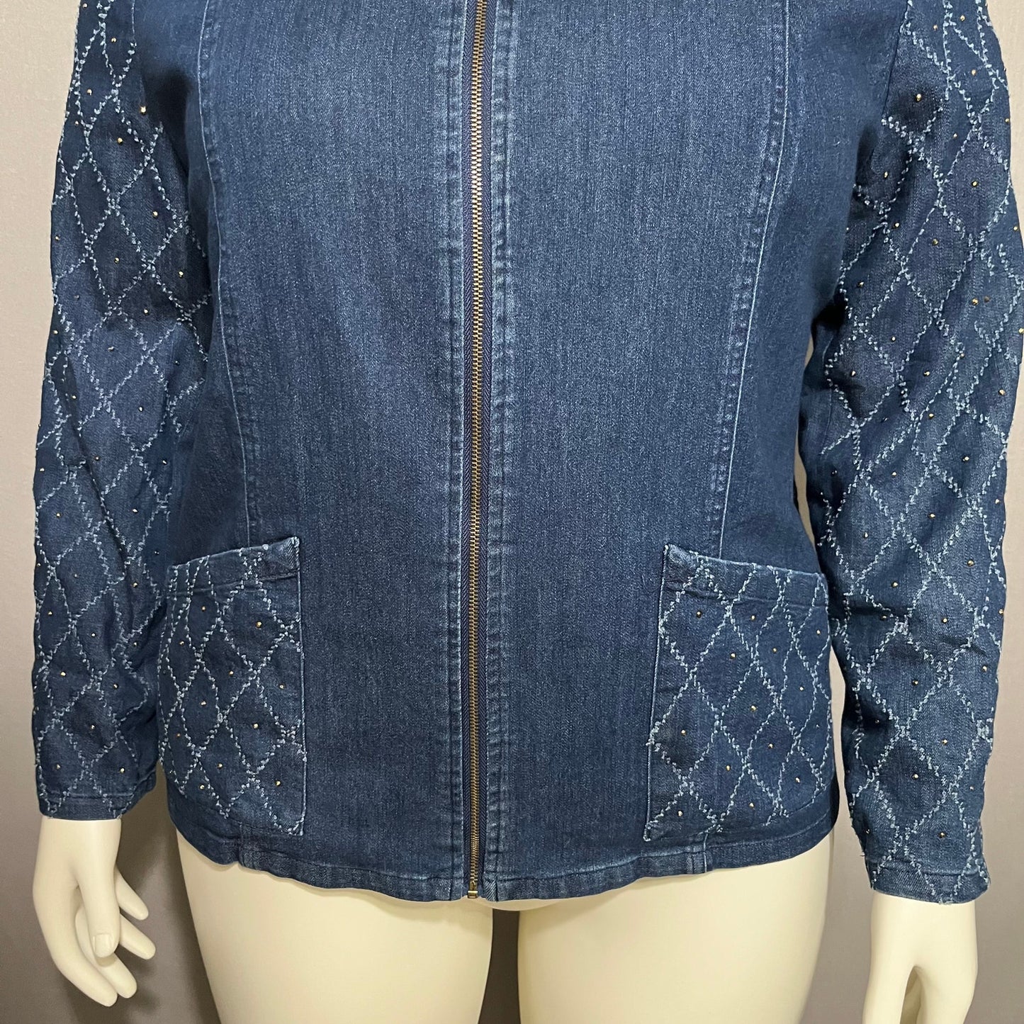 Alfred Dunner Dark Denim With Gold Studded Sleeves Zip Front Jacket Sz-18