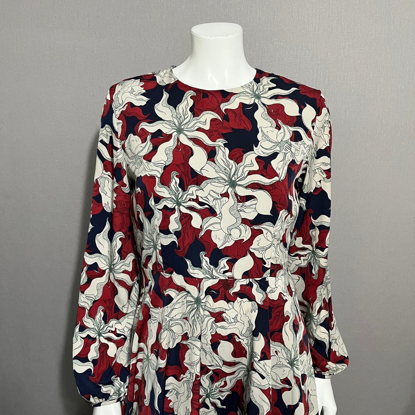 PinkyOtto Gray Maroon Navy Floral Leaf Long Sleeve Dress Sz-8