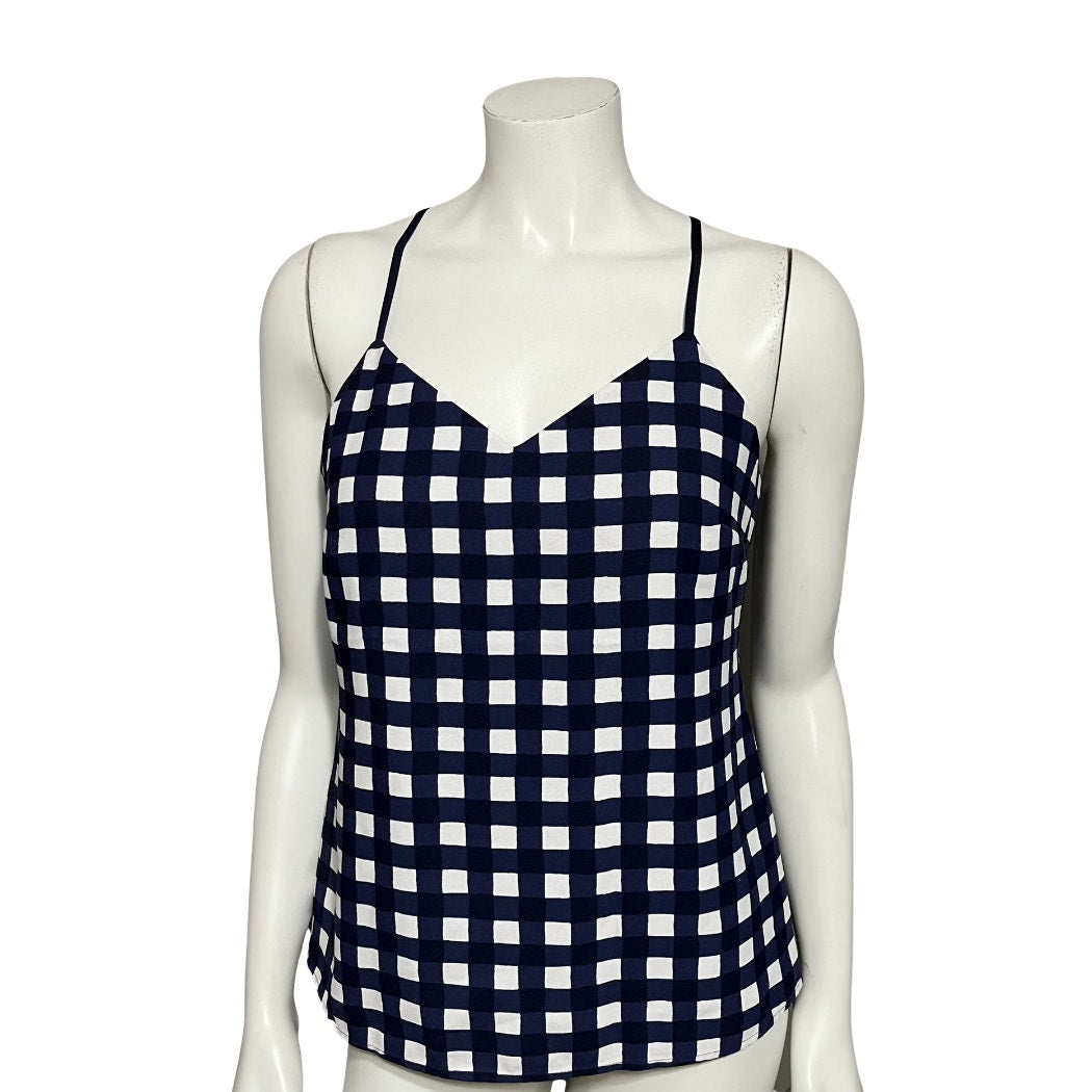 Banana Republic Checkered Print Navy White V-Neck Top