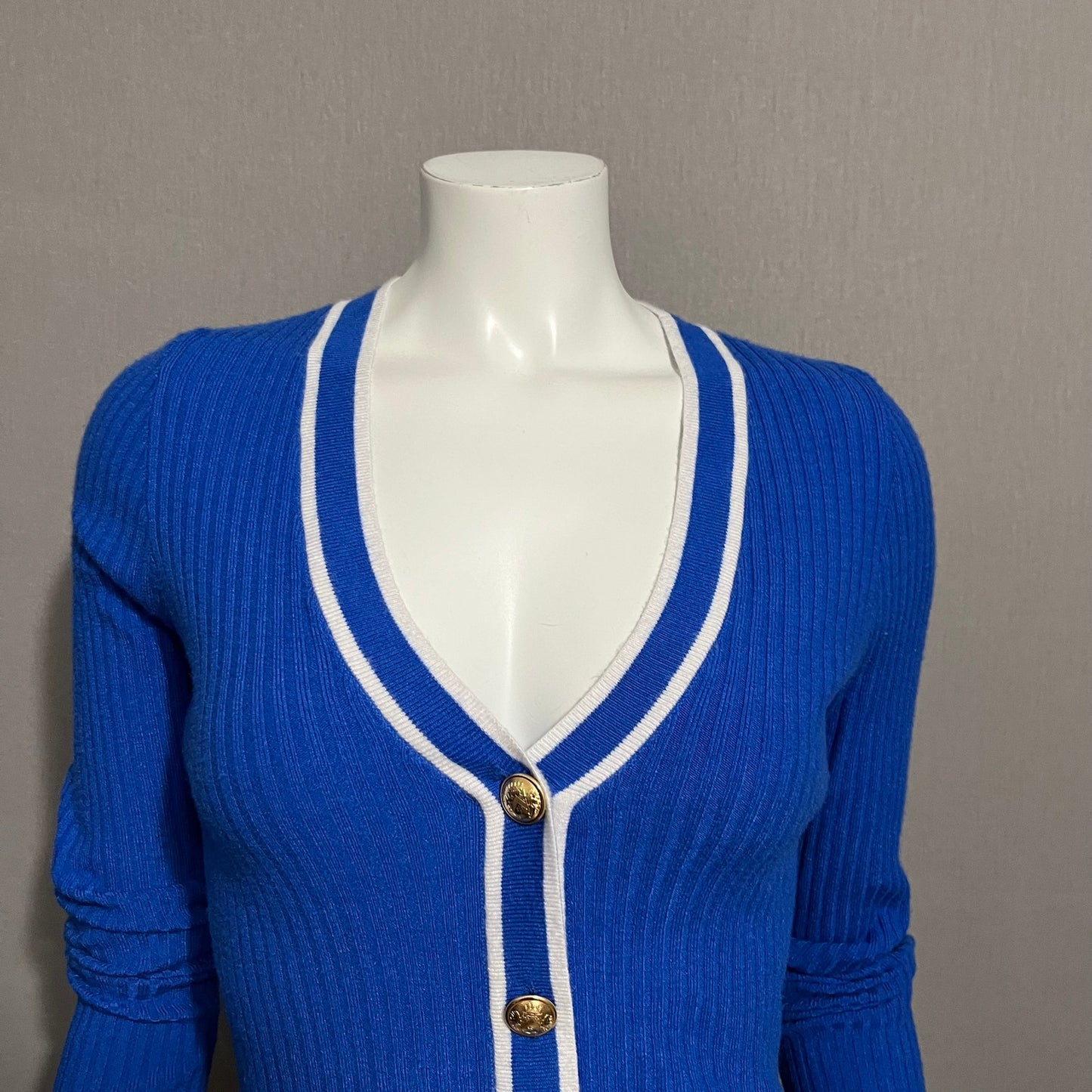 Express Blue Ribbed Knit V-Neck Gold Buttons Pullover Sweater Sz-Small