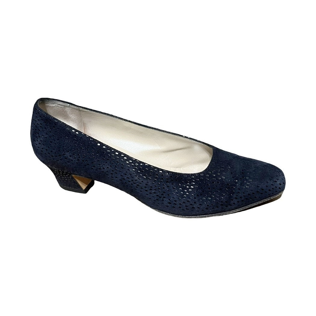 Salvatore Ferragamo Navy Textured Suede Leather Kitten Heel Sz-6 1/2 B