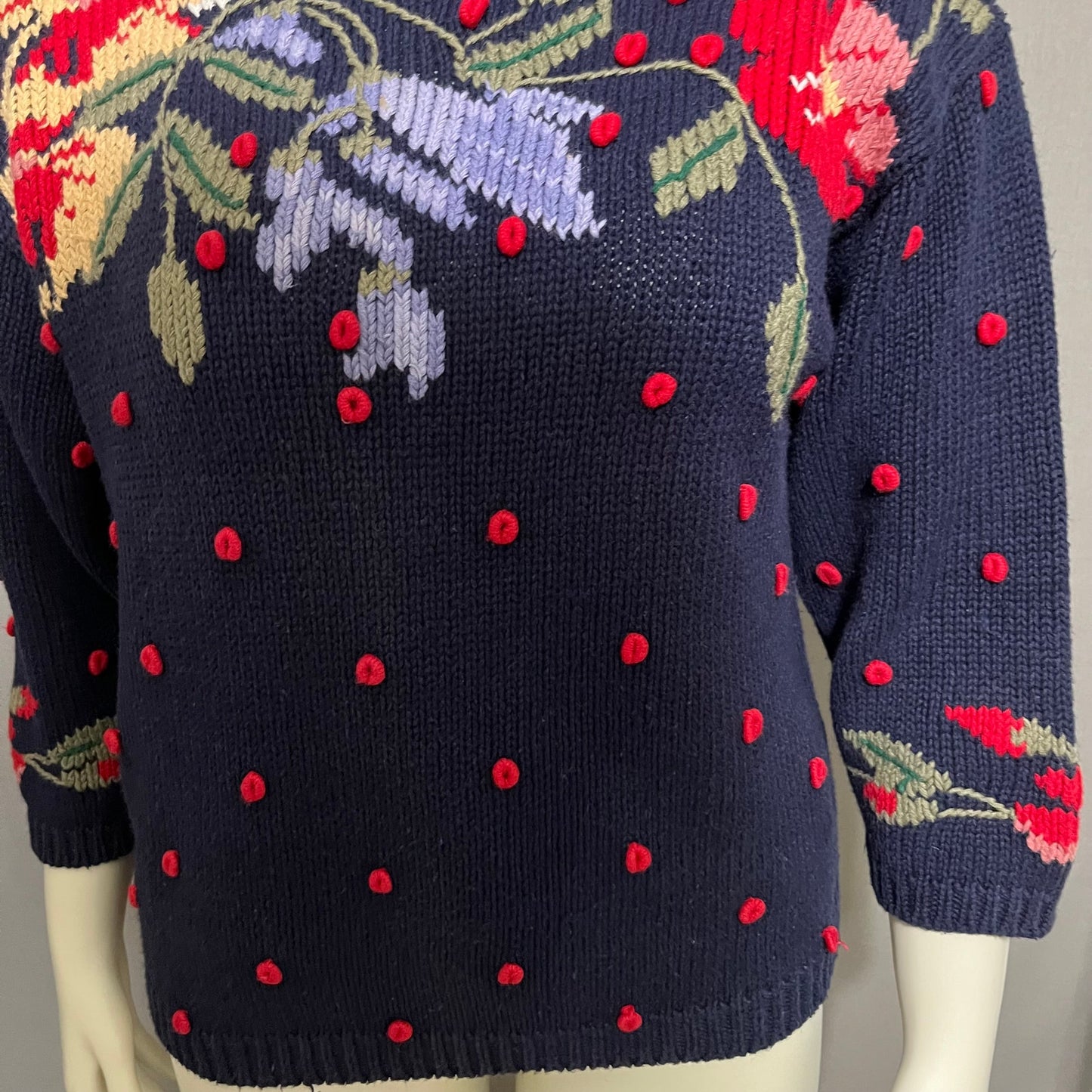 Vintage Jennifer Reed Navy Cherry Red Floral Embroidered Artsy Sweater Sz-Medium