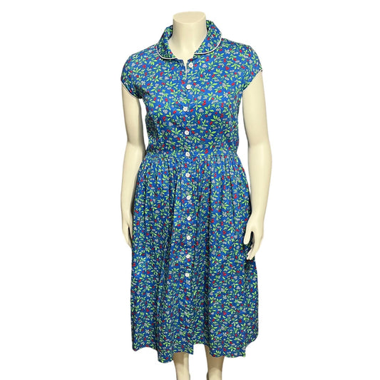 Vintage Floral Cherry Print Blue 100% Cotton Flare Dress Sz-Large