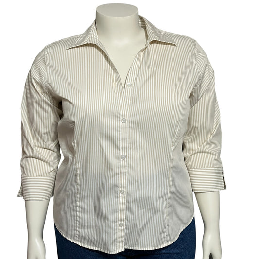 Eddie Bauer Striped Women’s Button Front Shirt 3/4 Sleeve Tan White Sz-XL