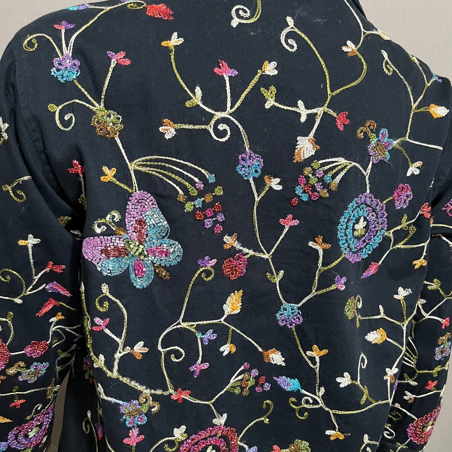 The Quacker Factory Beaded Embroidered Cotton Jacket Butterfly Floral Sz-Small