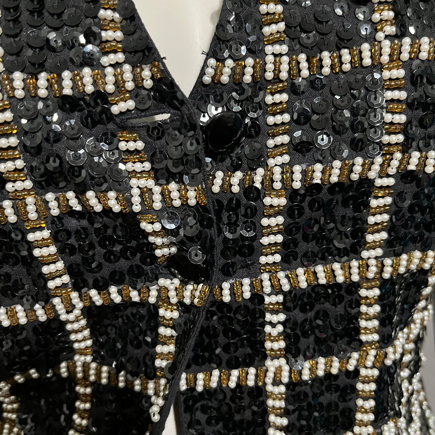 Theo Beaded Gold Black Sequin Square Print Vest Sz-Medium