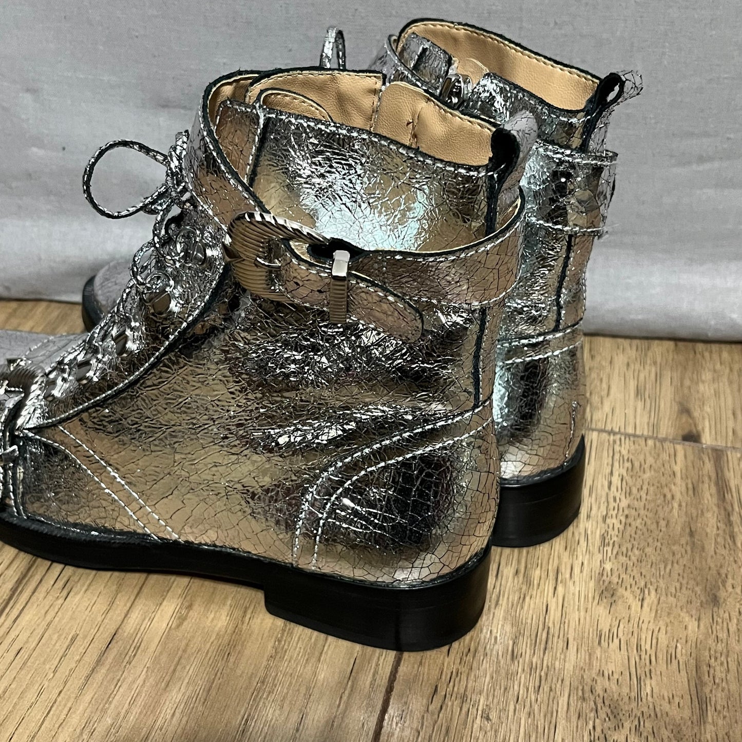 Schutz Silver Metallic Combat Ankle Boots Sz-8
